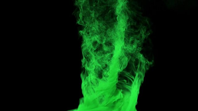Green Smoke Tornadoes with many swirls moving both sideways on a black background