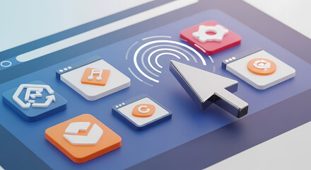 A digital interface with application icons, a cursor, and a fingerprint scan.