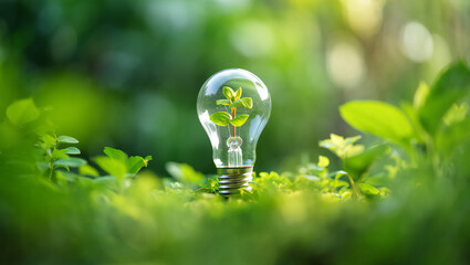 Green Plant Sprout Inside Light Bulb; Eco-Friendly Energy Concept; Lush Green Background; Sustainable Growth Image