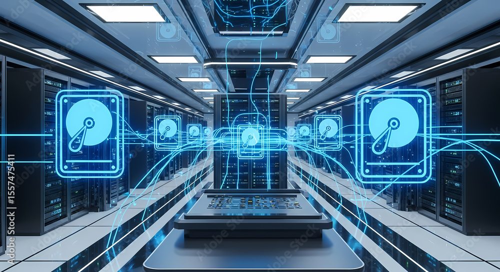 Poster server room with digital hard drive icons floating above a laptop, connected by glowing lines.