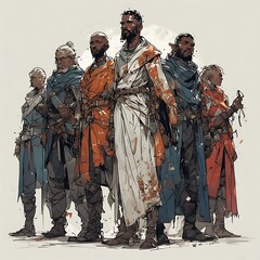 Obraz premium Brotherhood United: A diverse ensemble of stoic figures, united in purpose and resolve, stand shoulder-to-shoulder, exuding a sense of brotherhood.