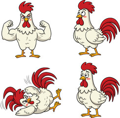 Cartoon Rooster Character Expressions Set: Strong, Confused, Falling, and Thoughtful Farm Animal Illustrations, Diverse Emotions for Kids' Books, Games, and Educational Content.