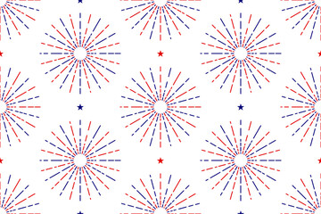 Seamless 4th of July Pattern with Fireworks and Stars. Red and Blue Vector Background. Illustration