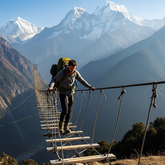 Naklejka premium A hiker with a backpack carefully walks across a high suspension bridge with a stunning mountain range in the background
