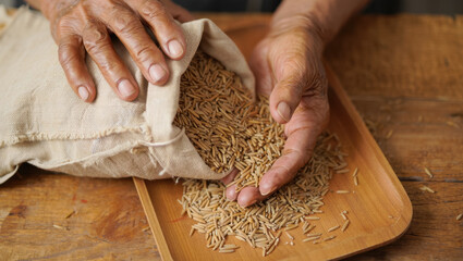 Hands pouring grains from a burlap sack onto a wooden tray, showcasing the natural texture and color of the rice, emphasizing the process of ingathering food