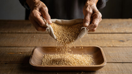 Hands of an elderly person pouring grains from a fabric pouch into a wooden bowl, showcasing the traditional process of ingathering and preparing food ingredients
