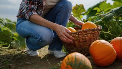 Woman harvesting pumpkins in a field, carefully placing them into a woven basket, surrounded by vibrant green vines and ripe orange pumpkins, showcasing the essence of ingathering