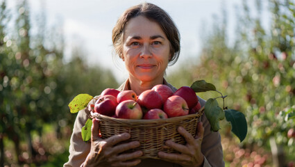 Woman holding a basket filled with freshly picked apples, surrounded by lush apple trees in an orchard, showcasing the joy of harvesting seasonal fruits and nature's bounty