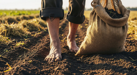 Barefoot individual walking through freshly tilled soil in a field, carrying a burlap sack filled with harvested crops, showcasing the connection to nature and agricultural practices