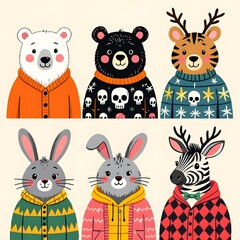 A whimsical ensemble of animals styled in human clothing