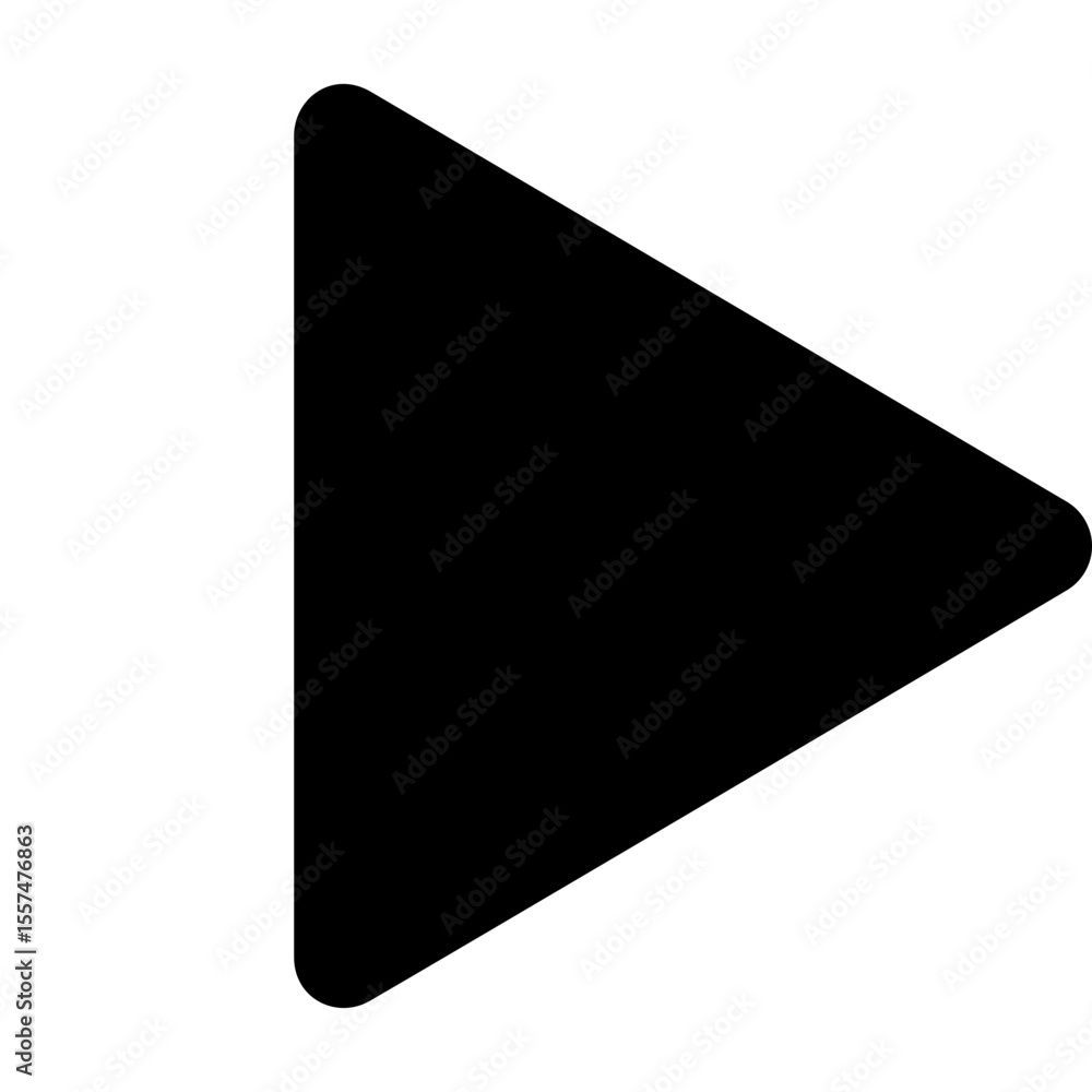 Poster black filled triangle pointing right with rounded corner on a white background in simple vector art