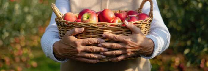 Individual holding a woven basket filled with freshly picked red apples, surrounded by lush green trees in an orchard, showcasing the beauty of harvest season and nature's bounty