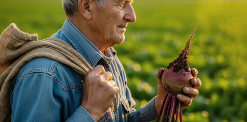 Senior man in denim shirt holding freshly harvested beetroot, standing in lush green field, showcasing agricultural work and connection to nature