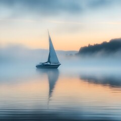 Sailboat at sunrise misty lake calm waters