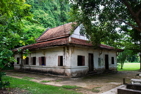 Ancient ordination hall and antique ruins ubosot for thai people travelers travel visit respect holy buddha myth mystery in Wat Thep Charoen or Tham Rup Ro Cave Temple at Tha Sae in Chumphon, Thailand