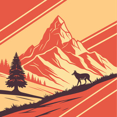 Majestic Mountain Landscape with Coyote at Sunset - Vintage Style Illustration