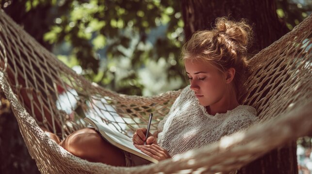 Young woman writing in notebook while relaxing in hammock outdoors in summer shade, concept of relaxation and creativity