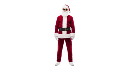 Stylish young Santa Claus wearing red suit, sneakers, and sunglasses shows a modern twist to a classic holiday figure
