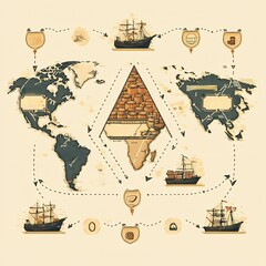 Animated trade triangle between Europe Africa Americas with arrows and commodity icons Mercantilism and Colonial Trade infographic animation triangular commerce paths digital art