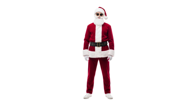 Stylish young Santa Claus wearing red suit, sneakers, and sunglasses shows a modern twist to a classic holiday figure