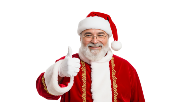 Hispanic Santa Claus gives a thumbs up, spreading joy and holiday spirit against a bright white background during the festive season - Powered by Adobe