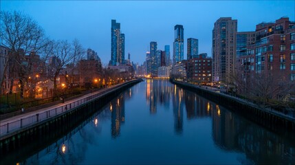 Obraz premium Twilight serenity by the urban river, where water mirrors the fading day 