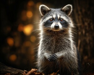 Obraz premium Wildlife Humor and Emotion, Raccoon sitting upright with sneaky look and raised arms, portrait of raccoon in forest blur with wide eyes, alert raccoon portrait with crisp light and upright pose