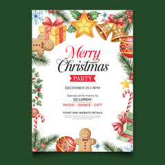 watercolor vector merry christmas party poster template