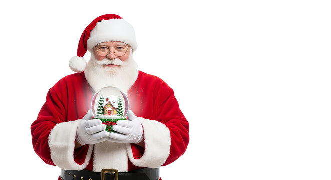 Santa Claus in a red suit holds a snow globe with a miniature house and snowy landscape during the festive season