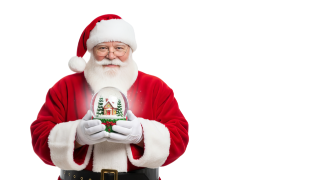 Santa Claus in a red suit holds a snow globe with a miniature house and snowy landscape during the festive season