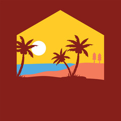 Tropical Beach Sunset Illustration With Palm Trees, Ocean Waves, and Warm Color Tones. Perfect for Vacation Themes, Summer Vibes, and Travel Concepts