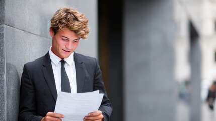 Smiling young professional holding resume outside office building entrance. Resume Tips for Internship Applications, concept of job interview success