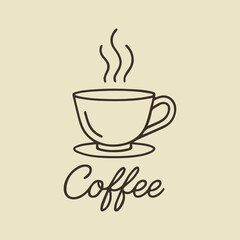 Classic steaming coffee cup line art with a decorative script font for cafes
