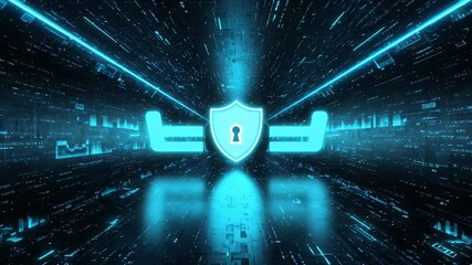 Futuristic digital tunnel with a security shield and shopping cart icon - Powered by Adobe