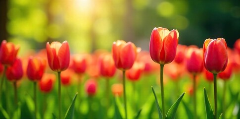 Naklejka premium Spring Tulips in Bloom Vibrant Close-up of Blossoms in a Sunlit Meadow