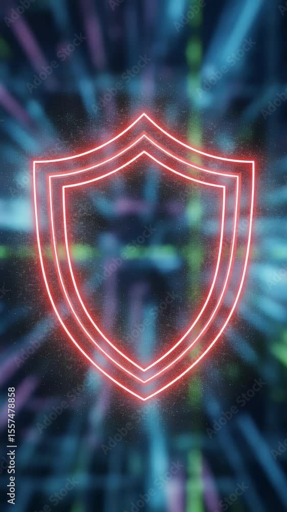 Poster glowing generic symbol in neon style against a blurred background of lines and dots evoking data and