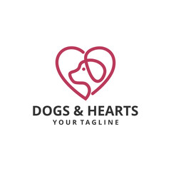 Dog's love logo with a dog line of vector art lines, combining dogs with a simple and attractive style of heart. Design radiates love and excitement