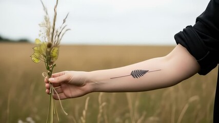 Arm with a minimalist fern tattoo holding a rustic dried bouquet in a golden field.
