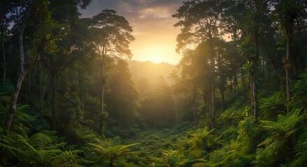 Obraz premium Golden sun rays pierce through the misty forest, painting the landscape in vibrant autumn hues