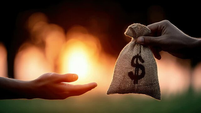 A hand reaching out to receive a money bag at sunset, symbolizing financial exchange and opportunity