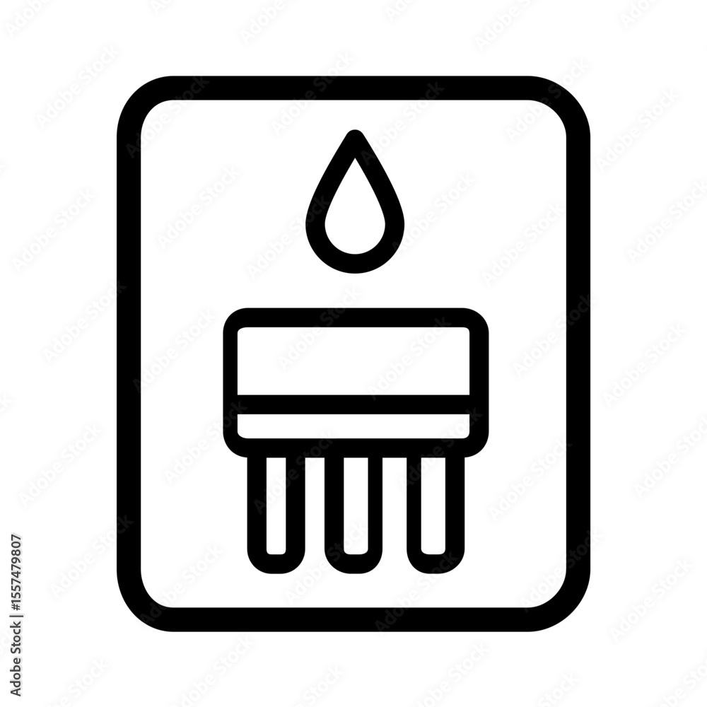 Poster illustration of a water drop above a rectangular shape with three legs in a rounded square frame