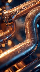 Close up view of intricate liquid cooling copper pipes with condensation droplets showcasing technological precision in advanced supercomputer thermal management system