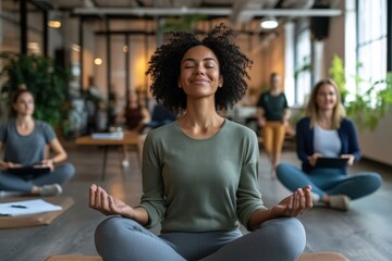 Employee engaging in workplace stress-relief exercise program during work break surrounded by supportive colleagues, showcasing corporate wellness and team support in professional environment.