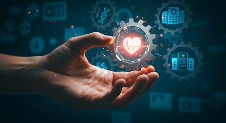 Hand holding a heart inside a gear, surrounded by medical icons, representing healthcare technology.