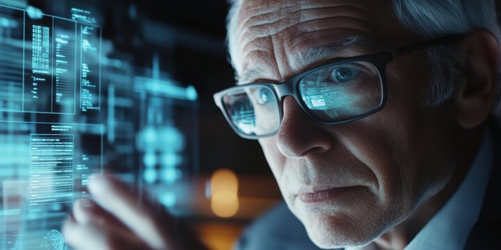 Professional financial advisor discussing retirement planning with clients using advanced futuristic holographic interface technology. Modern wealth management and investment consultation services.