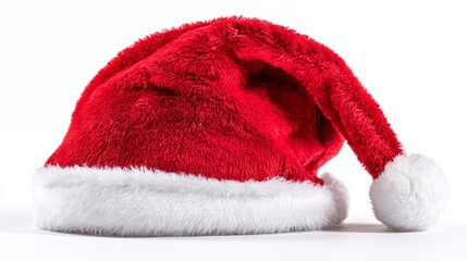 Vibrant red Santa hat with white pompom, isolated on white background, festive Christmas spirit
