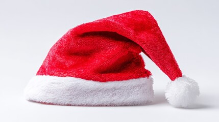 Vibrant red Santa hat with white pompom, isolated on white background, festive Christmas spirit

