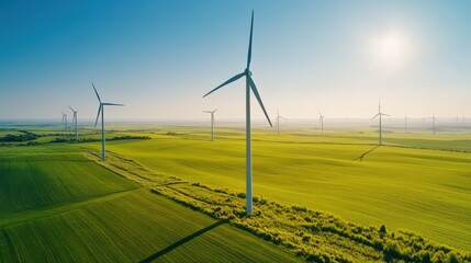 Expansive wind farm. Wind turbines generating sustainable renewable energy. Green agricultural fields. Clean renewable energy production. Sustainable turbines generating clean electricity.