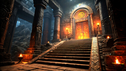 Fototapeta premium Ancient stone temple entrance with grand staircase and illuminated ornate door