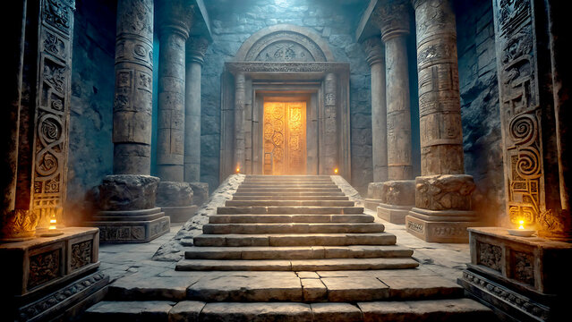 Ancient stone temple entrance with ornate golden doors and glowing candles